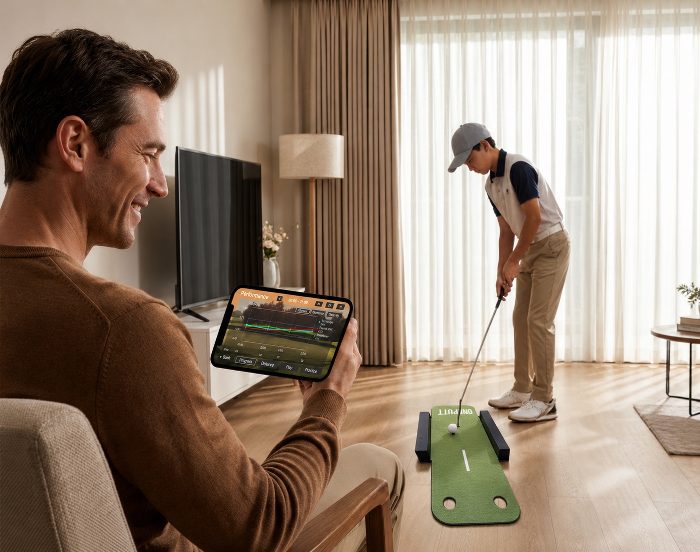 A golfer practicing putting at home with ONEPUTT and viewing app feedback