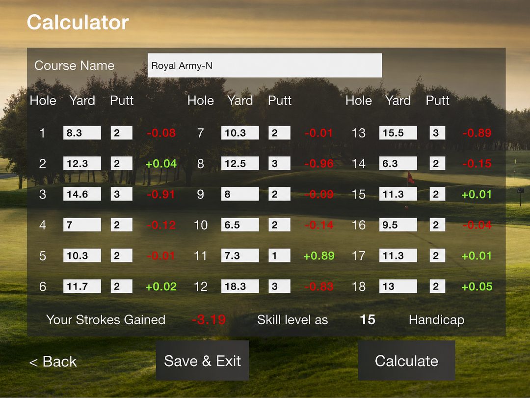 ONEPUTT Strokes Gained Calculator screen